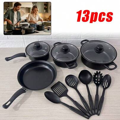 13Pcs Non-Stick Cookware Set, Durable Kitchen Pots And Pans With Glass Lids, Includes Frying Pan, Skillet & Stockpot, Induction Compatible, Versatile Cooking Set For All Hobs, Household Kitchen Utensils