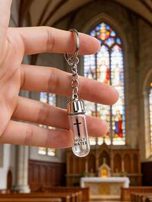 Mini Holy Water Bottle Keychain,Cross-Print Glass Baptismal Flask,Portable Religious Keychain Pendant,Car Key Fob Accessories,Bag Charms, Gifts. - Multicolor - View 3