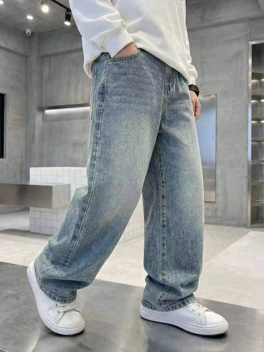Tween Boy Straight Leg Fashion Casual Denim Jeans - Blue - View 1