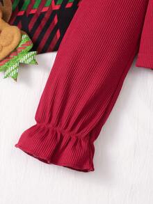 Girls Christmas Holiday 2 Pieces Dress Set, Red Ribbed Knit Ruffle Sleeve Long Sleeve Cropped Cardigan + Santa Claus Christmas Tree Snowflake All-Over Print Full Skirt A-Line Spaghetti Strap Princess Dress - Red - View 5