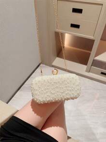 Bolso de caja decorado con perlas falsas y correa de cadena - Blanco - Ver 8