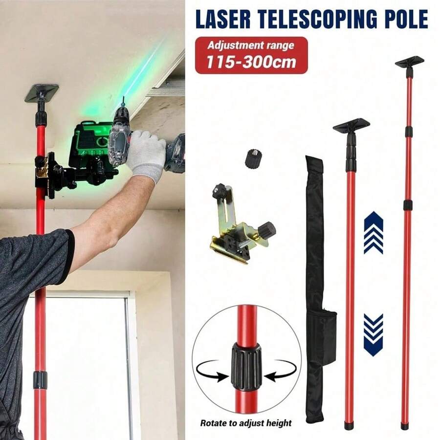 5/8" Bracket & 1/4" Adaptor Nut Telescopic Level Support Rod, 115–300cm Length Adjustable Extendable Pole – Heavy Duty Extension Bar For Laser Level Mounting, Surveying And Construction Site Use - A - View 1