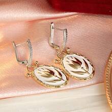 Women's Dual-Color Embossed Tulip Oval Earrings, Suitable For Workplace, Date And Daily Wear, Long Earrings - Silver - View 5