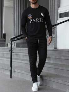 Men's Casual Minimalist Fashion Versatile Drawstring Crew Neck Long Sleeve T-Shirt And Pants Set - Multicolor - View 2
