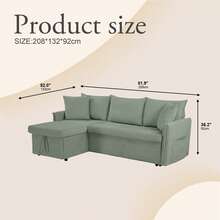 Convertible Sofa Bed With Pull Out Couches, 3 PiecesPull-Out Sofa Bed With Reversible Storage Chaise-Green - Green - View 3