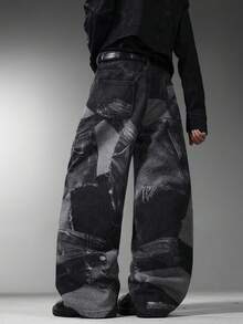 Men's American Street Jeans Digital Print Loose Wide Leg Casual Niche Design All Season Long Pants No Belt No Accessories - Black - View 2
