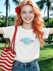 Women's "Pastel Planet" Graphic Print T-Shirt, Soft Cotton, Comfortable Fit, Breathable, Casual, With A Great Print. - White - View 1