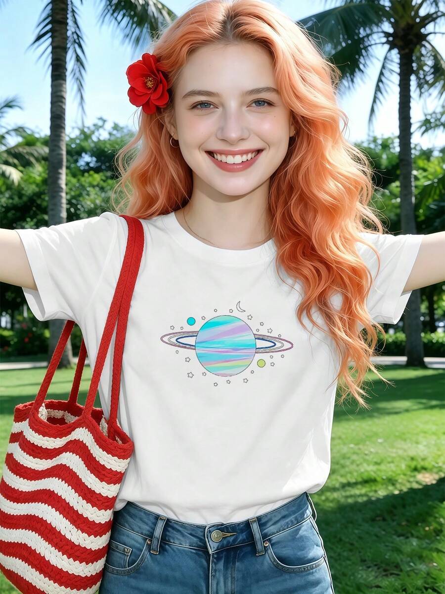 Women's "Pastel Planet" Graphic Print T-Shirt, Soft Cotton, Comfortable Fit, Breathable, Casual, With A Great Print. - White - View 1