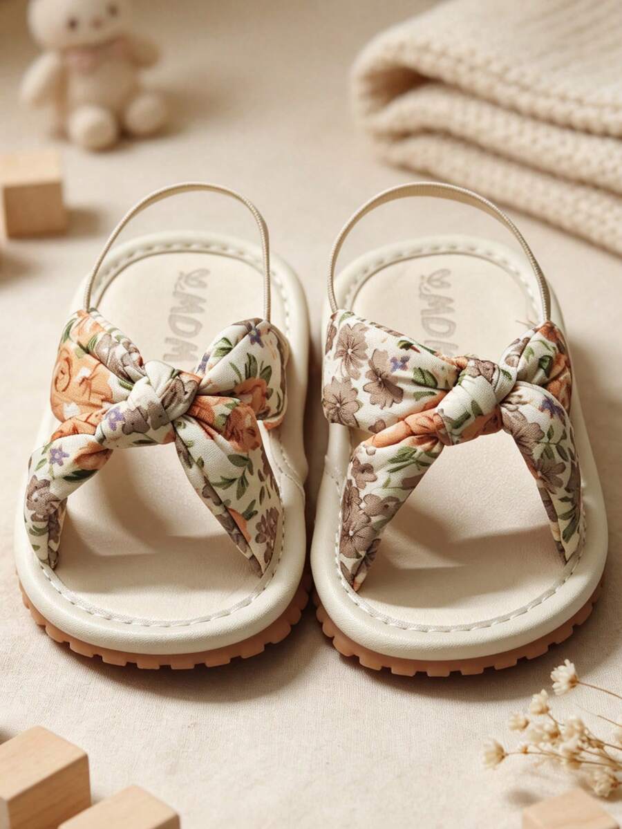 1 Pair Girls' Floral Fabric Bow Back Strap Non-Slip Flat Open Toe Sandals For Summer Daily Wear - Apricot - View 1
