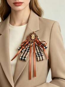 Vintage Embossed Beauty Portrait Plaid Bow Tie, Caramel Satin Ribbon Rhinestone Pendant Collar Flower, Preppy Shirt Suit Collar Accessory - Coffee Brown - View 3