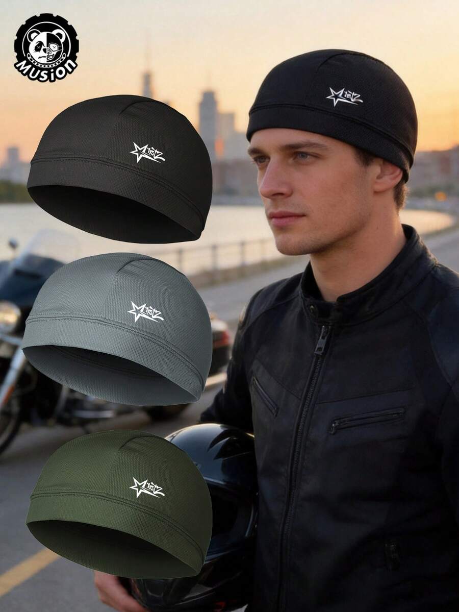 Musion 1/3pcs Star & Letter Print Helmet Liner, Breathable Sweat-Absorbing Durag Knit Cap, Windproof Motorcycle Riding Running Helmet Inner Cap - Multicolor - View 1