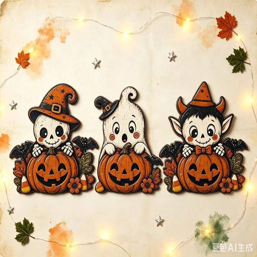Halloween Theme Wooden Decor Spider Moon Haunted House Shaped Rustic Wall Sticker - C - View 1