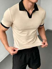 ZYNTH BALENO Men's Summer Fashion Patchwork Slim Fit Regular Shoulder Airplane Collar Short Sleeve T-Shirt, Essential For Summer Sports - Apricot - View 4