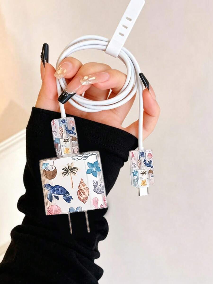 Ocean Series Turtle & Coconut Tree Design Heart-Shaped Cable Protector Compatible With Apple 20W Charger, Protector, Cable Organizer, Anti-Breakage - Multicolor - View 1