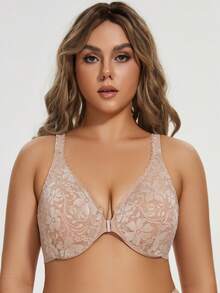 MELENECA Women's Front Closure Plus Size Racerback Stretch Lace Underwire Bra - Beige - View 3