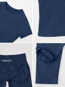 TimeOff Women's One Set Solid Color Seamless Round Neck Short Sleeve Ribbed Waist Mid-Length Pants Sports Set - Navy Blue - View 6