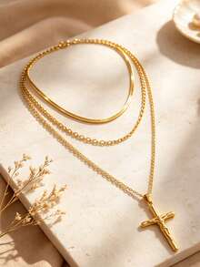 Conjunto de 3 collares de acero inoxidable 304 de 2026 Otoño/Invierno, conjunto de cadenas de cuello exquisitas chapadas en oro de 18K, joyería de cadena multicapa con colgante de cruz y hoja, collar a prueba de agua y de baja alergia, regalo ideal de Navidad, accesorio diario para fiestas y vacaciones, regalo de Halloween, Navidad y Año Nuevo - Dorado - Ver 6