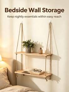 Bohemian Style Rope Hanging Plant Shelf - Wall-Mounted Rope Frame, Suitable For Plants, Artificial Wood Shelf, Space-Saving Decor For Living Room, Bedroom, Balcony - Easy Installation And Minimalist Aesthetic - Multicolor - View 3