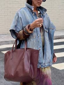 Fashionable Versatile Loose Turndown Collar Denim Jacket, Unique Design Short Sleeve Denim Jacket For Commuting Casual Summer - Light Wash - View 4