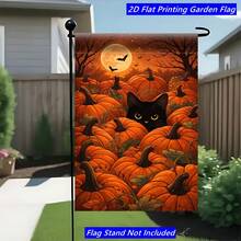 2D Flat, 1pc, Pumpkin Black Cat Full Moon Night, Floral Pattern Spring/Summer Garden Sign, Perfect For Home Yard Celebration Events, Create A Warm Atmosphere, For Outdoor/Outdoor Hanging Decoration, Flag Pole Not Included, Single-Sided Printing - A - View 5