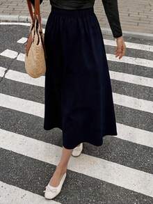 Elastic Waist Flared Skirt - Navy Blue - View 4