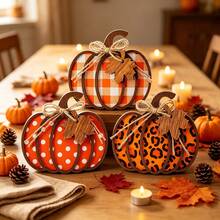 1/3pcs 3D Layered Wooden Pumpkin Desktop Decor, Buffalo Plaid Polka Dot Leopard Print Wooden Pumpkin Ornament With Jute Bow And Maple Leaf Tag, Autumn Layered Tray Decoration, Thanksgiving Farmhouse Style Dining Table Centerpiece Indoor Desktop Decor - Autumn Decor - View 5