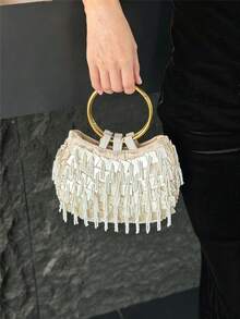 Women Evening Handbags,Half Moon Ring Top Handle Bag, White Bead Tassel Sequin Pattern,Large Gold Round Ring Handle For Wedding Prom Gala Club Party - Champagne - View 2