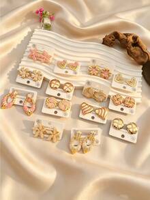 4/8/16/24pcs Cream White Gold Stainless Steel Earrings - Multicolor - View 3