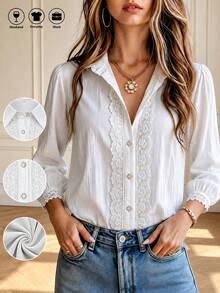 SwallowLucky Women's Elegant Lace Patchwork Thin Long Sleeve Top Solid White Blouse All Seasons Versatile For Office Vacation Grad Party Going Out Outfits - White - View 4