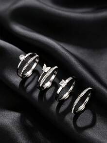 4pcs Fashion Stainless Steel Silver Thin Ring Set With Square Rhinestone & Butterfly Element, Suitable For Men & Women Daily Wear, Holiday & Date Accessories - Silver - View 6