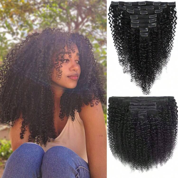 BINF 女款 Afro 捲曲夾式接髮片 全頭用 巴西 Remy 真人髮 捲曲髮 Natural Color 8 片 8-22 英吋 - Natural Black - 查看 1