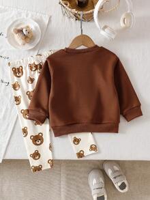 Korean Style Baby Vintage Bear Casual Set, Flocked 3D Bear Crew Neck Top, White Base All-Over Print Bear Elastic Leggings, Infant Toddler Spring Autumn 2-Piece Set - Khaki - View 2