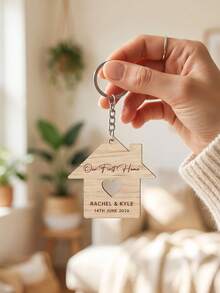 1pc Personalized House Shape Wooden Keychain, Custom Text Hollow Heart Home Wood Keychain, Our First Home Keepsake, New Home Gift For Couple - Multicolor - View 4