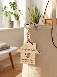 1pc Personalized House Shape Wooden Keychain, Custom Text Hollow Heart Home Wood Keychain, Our First Home Keepsake, New Home Gift For Couple - Multicolor - View 2