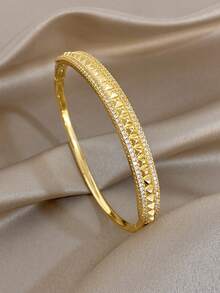 18K Gold Plated Luxury Rhinestones Bangle Bracelet For Women Stackable Double Strand Copper Bangle For Party Birthday Valentine Jewelry Gifts - Multicolor - View 7
