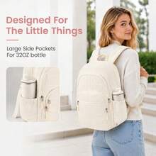 Quilted Multi-Pocket Backpack With Large Side Water Bottle Pockets For School Travel Daily Use - Beige - View 5