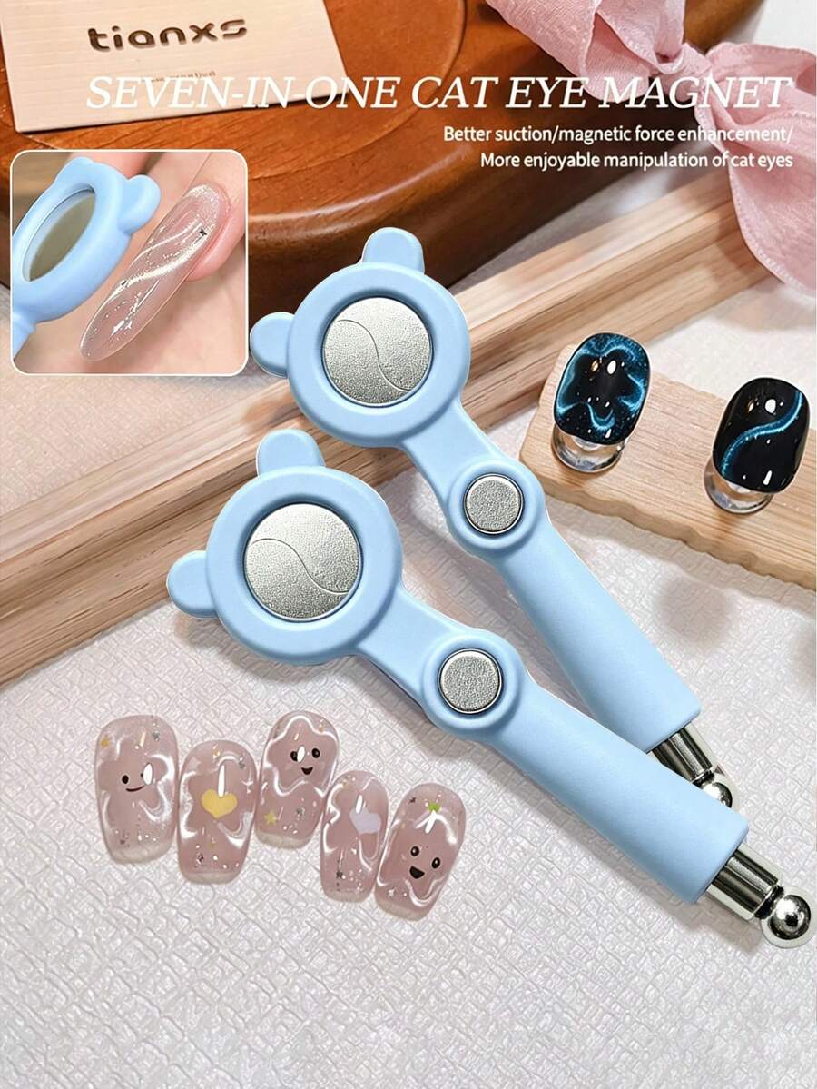2Pcs Handheld Seven-In-One Cat Ear Cat Eye Magnet, Super Strong Suction Magnetic Nail Art Tool, DIY Manicure Design Accessory, Professional Nail Tech Supplies, Women Beauty Gift - Baby Blue - View 1