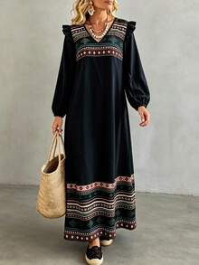 Women'S Boho Black Fall Geometric Print V Neck Long Puff Sleeve Maxi Dress, Ruffle Loose Fit For Daily Casual Outfits - Black - View 5