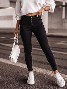 Women's Casual High Stretch Skinny Pants With Button Details, Long Cotton Blend Trousers, Perfect For Fall Outfits - Black - View 2