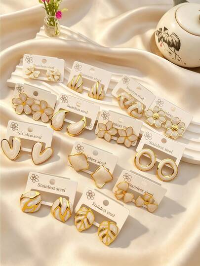 2/6/10/14/18pcs Cream White Gold Enamel Stainless Steel Stud Earrings