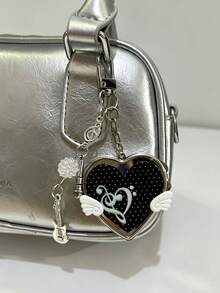 1pc Korean Vintage Heart With Small Wings Mirror Bag Charm, Ins Style Musical Note Guitar Pendant, Portable Heart-Shaped Small Mirror Keychain - Multicolor - View 11
