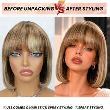 AMECIRE Wig Bob Rambut Manusia Wig Warna Campuran Wig Cokelat Wig Rambut Lurus Wanita Wig Rambut Pendek Dengan Poni Bentuk Mengembang Cocok Untuk Semua Orang - S4/27 - View 4
