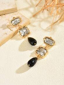 1 Pair Vintage Geometric Silver Square & Black Teardrop Pendant Earrings, Elegant Luxury Style For Women, Evening Party Jewelry - Multicolor - View 4
