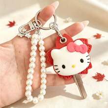 SANRIO 1pc Vintage Red Maple Leaf Silicone Bow Cat Keychain With Double Layer Faux Pearl Chain Metal Lobster Clasp Key Ring, Dust-Proof Storage Cover, Cute Cartoon Bag Charm, Portable Commuter Accessory, Halloween Best Friend Gift - A - View 3