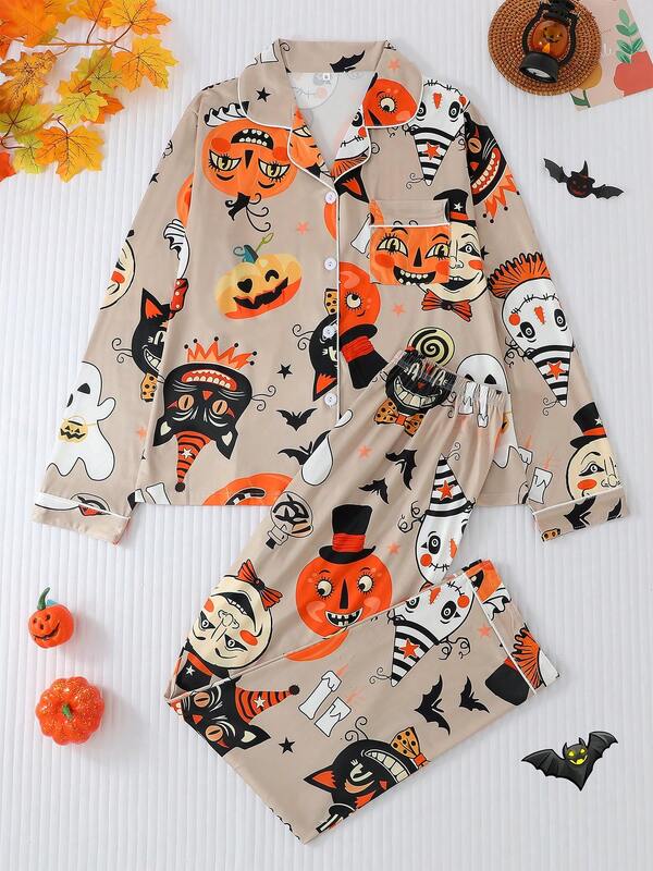 2-Piece Women's Pajama Set, Funny Pumpkin Halloween Pattern, Gift Set, Lapel Collar Button Long Sleeve, Loose Elastic Long Pants, Suitable For All Seasons, Home Wear, Outdoor Wear, Comfortable And Loose