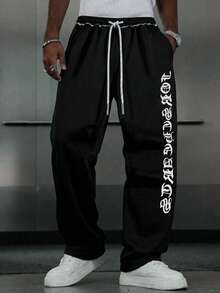 DAZY Suitable As A Father's Day Gift, Men's Casual Sports Pants, Letter Print, Unique Rolled Waistband, Drawstring Waist, Straight Leg Sweatpants - Black - View 6