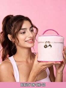 MISSLYN 1 buah Tas Kosmetik Mewah Warna Pink, Desain Pink Peach Lembut dengan Trim Kontras Mawar, Penyimpanan Silinder Kapasitas Besar, Resleting Ganda Halus, Hadiah Liburan, Musim Kembali ke Sekolah, Cocok untuk Rumah, Kantor, dan Perjalanan Akhir Pekan - Berwarna merah muda - View 2