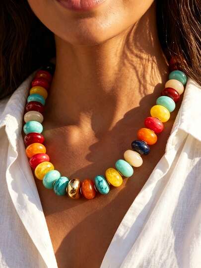 1pc Vintage Casual Bohemian Style Women's Oval Colorful Beaded Necklace, Suitable For Daily Wear, Party, Vacation And Wedding, Holiday Gift
