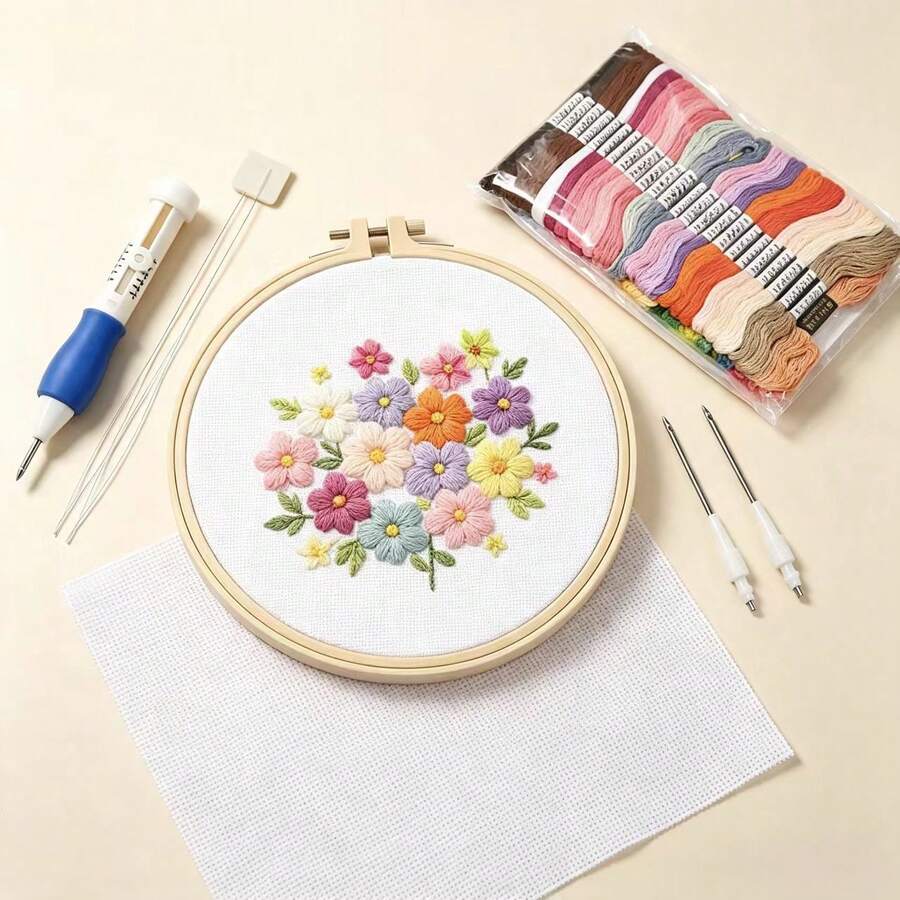 EDCUEBE7 Embroidery Kit Set Includes Punch Needle, Embroidery Thread, Embroidery Hoop, Embroidery Fabric. Suitable For Beginners, Moms, Students. Easy To Use And Get Started, Make Your Own Gifts. Embroidery Kit, Sewing Kit, Sewing Tools, Cross Stitch Kit - Embroidered Set - View 1