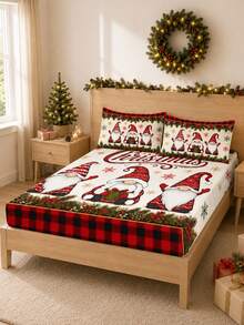 3PCS Winter Christmas Gnome Theme Atmosphere Bedding Set, (1PC Fitted Sheet + 2pcs Pillowcases, No Pillow Inserts,) Polyester Digital Print, Cartoon Gnome Christmas Pattern, Cartoon Cozy Christmas Non-Slip Bedding Set, Machine Washable, Bedroom Holiday Home Textile - Multi-color 1 - View 4